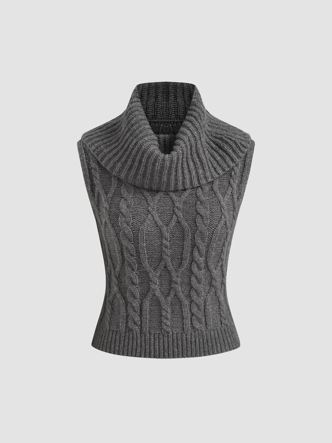Cable Knit High Neck Solid Crop Tank Top