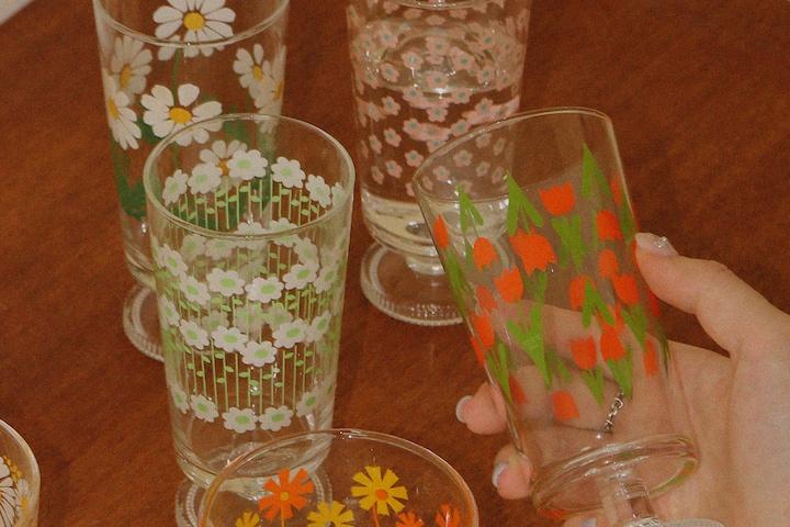 아델리아 레트로 고블렛잔 4type 유리컵 플라워 빈티지 맥주잔 하이볼