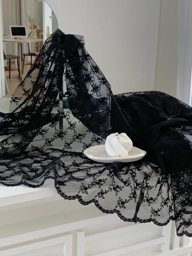 [망사] 플라워 리프 자수 블랙 레이스 커튼 테이블보 드레스 자수 원단 1마