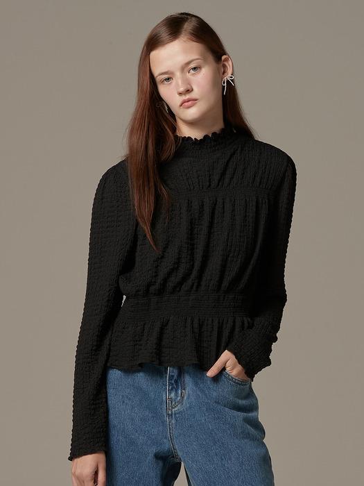 Smocking half highneck top - Black