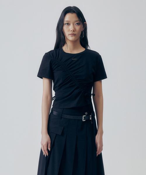 Shirred Wave Detail Crop T-Shirt [ Black ]