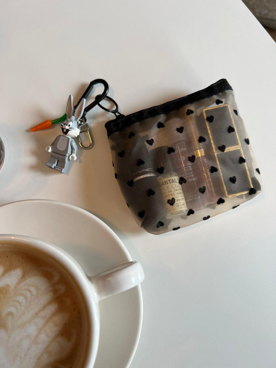 모닝버드 블랙하트 도트 망사 메쉬 투명 화장품 다용도 파우치