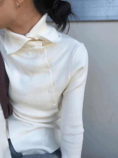 하이넥 버튼 골지 티