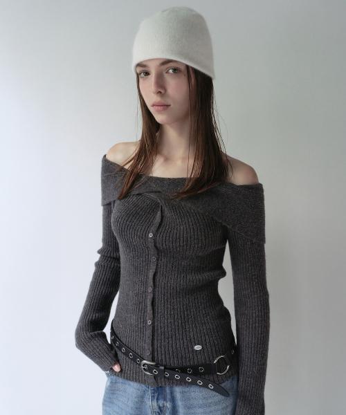 WOOL BLENDED TWIST BUTTON OFF SHOULDER KNIT CHARCOAL