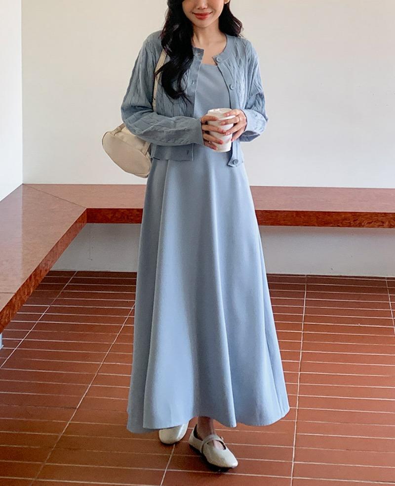 [55-140][💛1천6백장판매][셋업룩][스판][비스코스]테시 가디건 원피스 세트