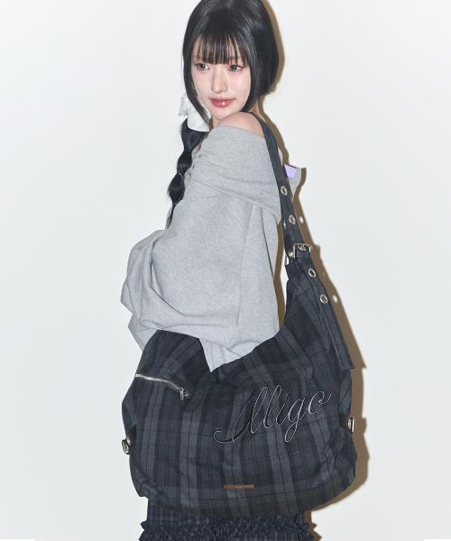 레터 빅 숄더 백 체크 그레이