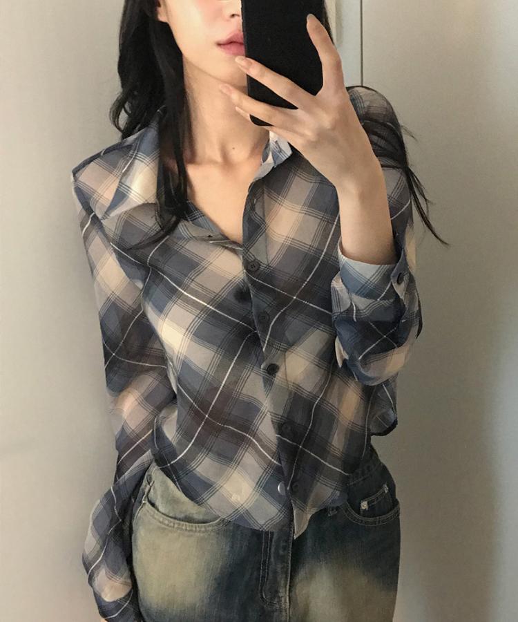 피치빈 블루 체크 셔츠