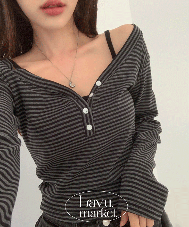 라뷰마켓 반팔&긴팔 슬랜더 핏! 오슈 스트라이프 버튼 브이넥 반팔티 긴팔티 2color [단추티/단가라티/줄지티/브이넥긴팔/오프숄더]