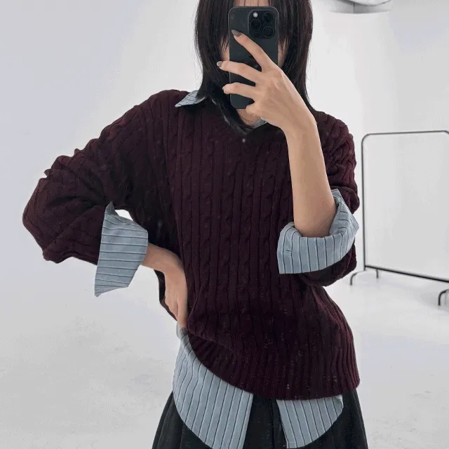 [19COLOR] 치노 브이넥 꽈배기 니트