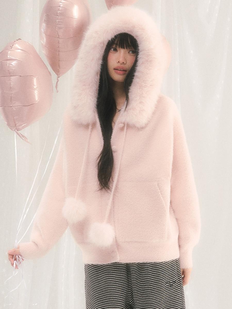 Weekendhub Pink Cloud Fur-Hood Cardigan