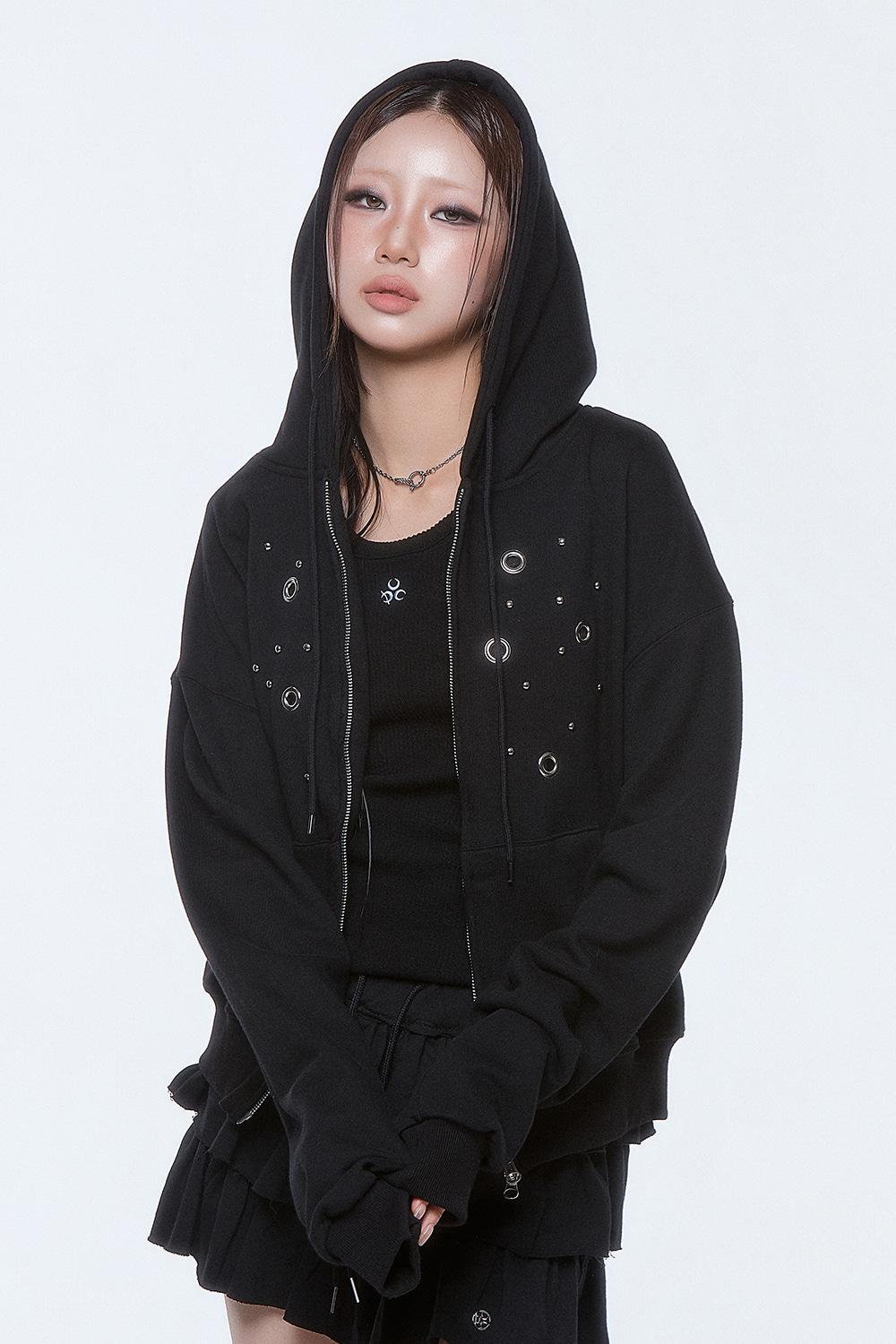 (DUC) Eyelet Stud Hoodie Zip-up Black