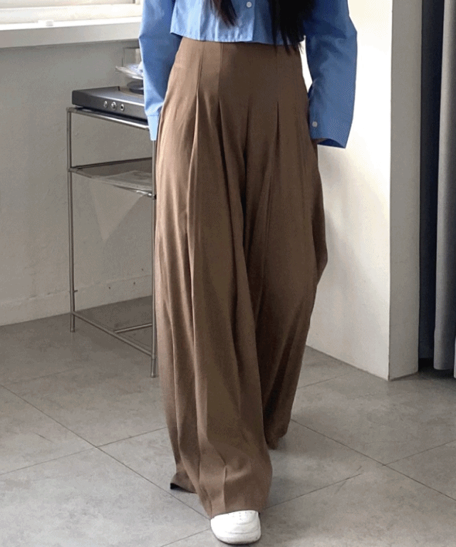 (롱다리/바지핏예술!!) 플리츠 핀턱 앞주름 와이드 찰랑핏 뒷밴딩 투턱 하이웨스트 지퍼 나팔 하객룩 베이지 네이비 슬랙스 팬츠