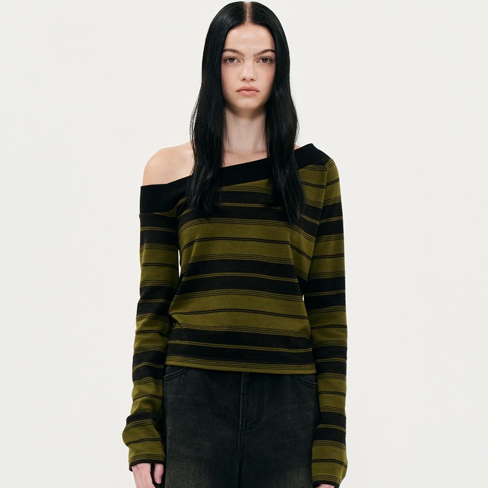 원 숄더 스트라이프 티셔츠 [딥 그린]