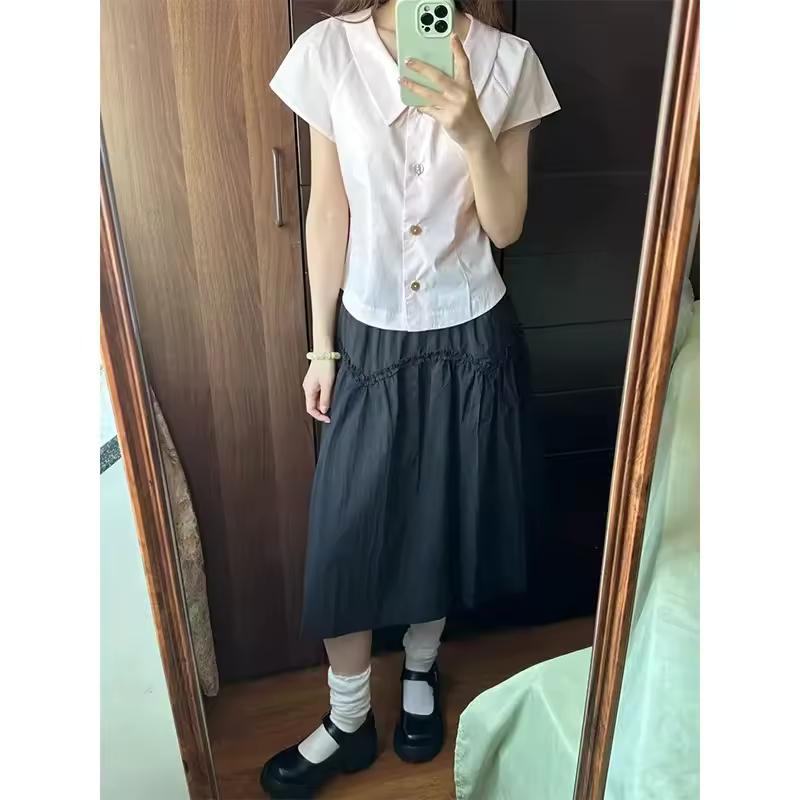 블랙 디자인 하프 길이 A 라인 스커트와 플리츠 캐주얼 허리 신칭 슬리밍 여성용 5부 스커트 여름 2025