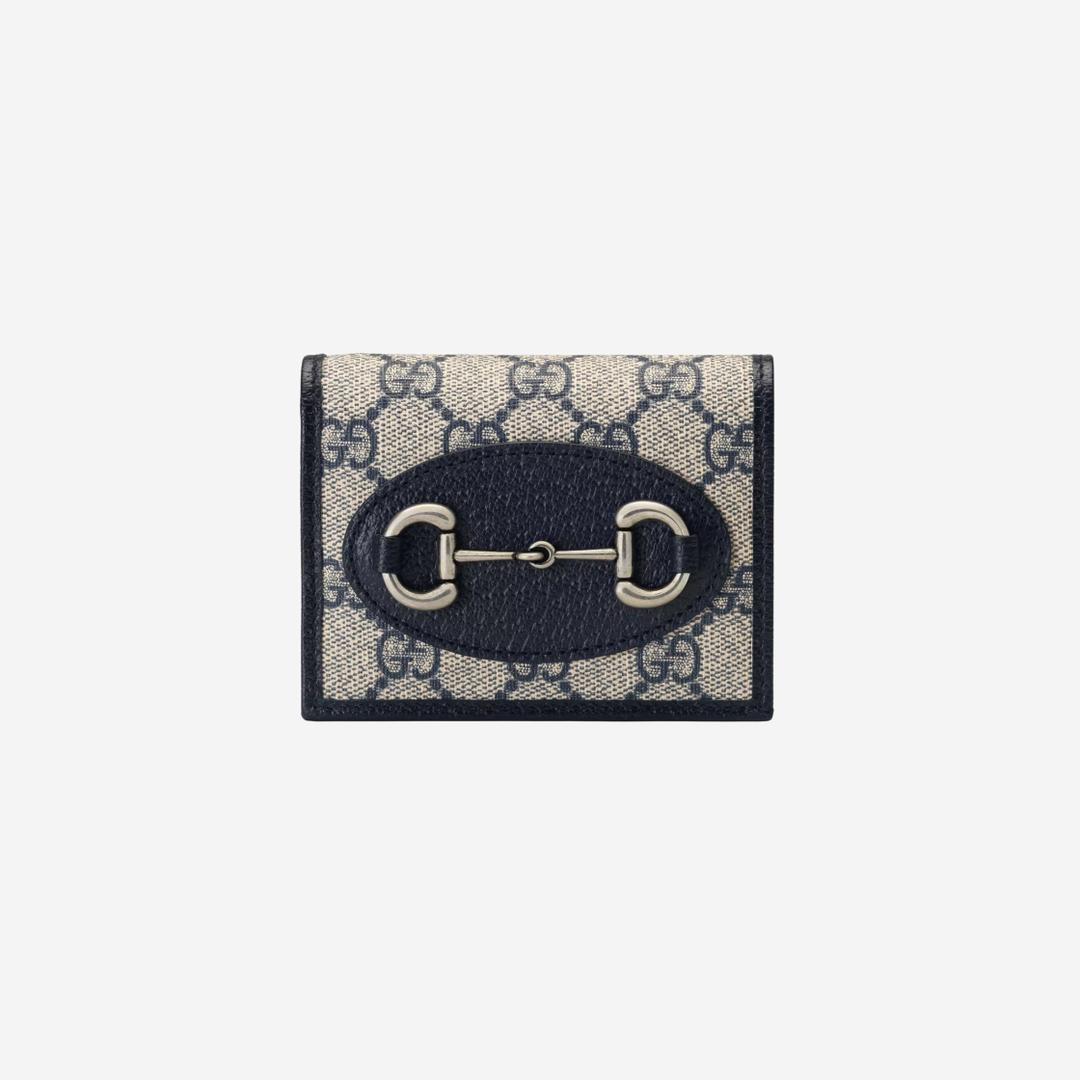 Gucci Horsebit 1955 Card Case Wallet Beige Blue