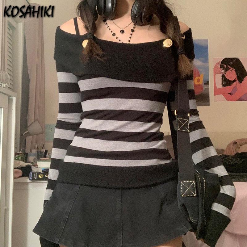 [티몬] 하라주쿠 스타일 여성 반팔티 KOSAHIKI Y2k 빈티지 니트 티셔츠 캐주얼 오프 숄더