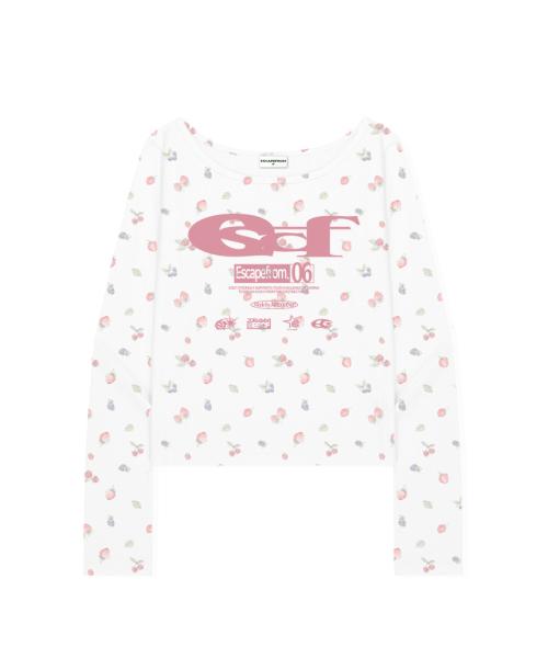 ESCF 로고 콜라주 앤드 빈티지 스트로베리 풀프린트 슬림핏 보트넥 롱슬리브 아이보리