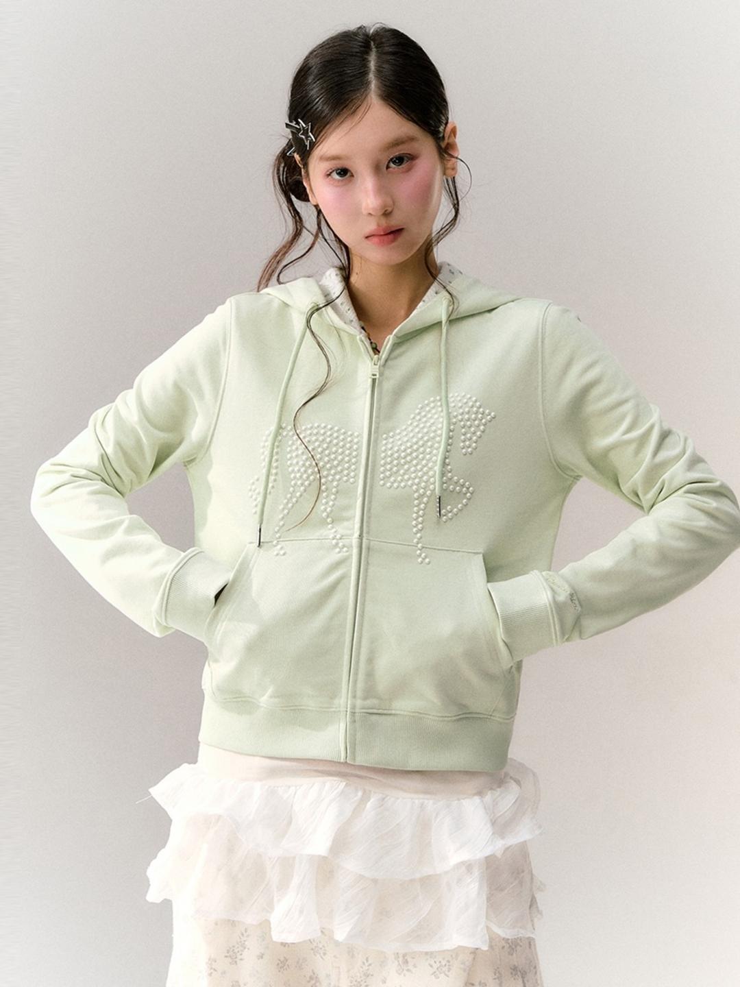 GUUKAHERO Light Green Pearl Horse Hoodie Zip-Up