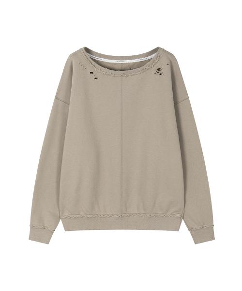 Scratch Damage Boat Neck Sweat Shirt [ Beige ]