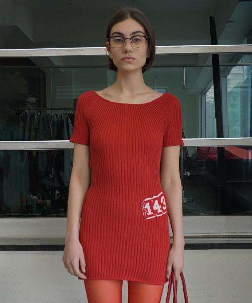 Pleated Knit Mini Dress Red