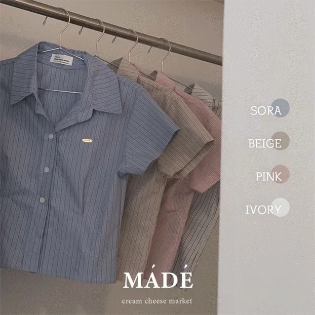 [주문폭주✨] 자체제작 #크치Made 긱시크 슬림 핀턱 카라 크롭 스트라이프 셔츠 블라우스 - nb