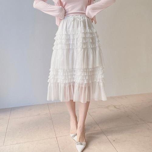 프릴 셔링 캉캉 누아 롱스커트