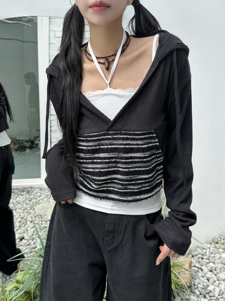 빈티지 업 미니 수술 포켓 브이넥 후드 티셔츠(2color/3-5일 여유주문)