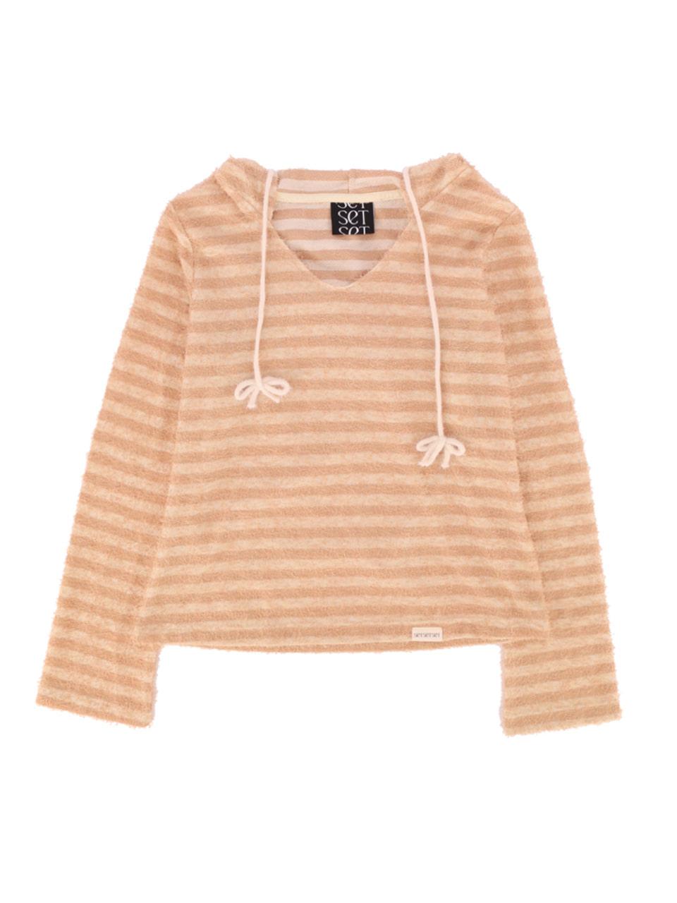 FURRY STRIPED HOODED KNIT TOP