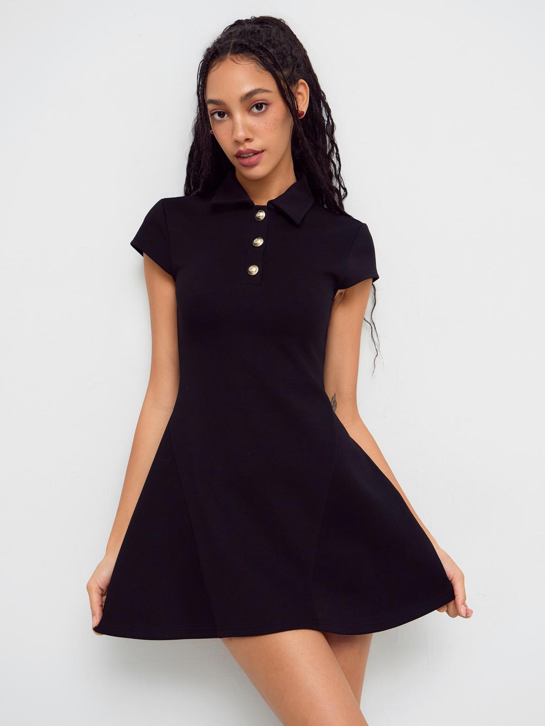 Collar Metal Button Mini Dress