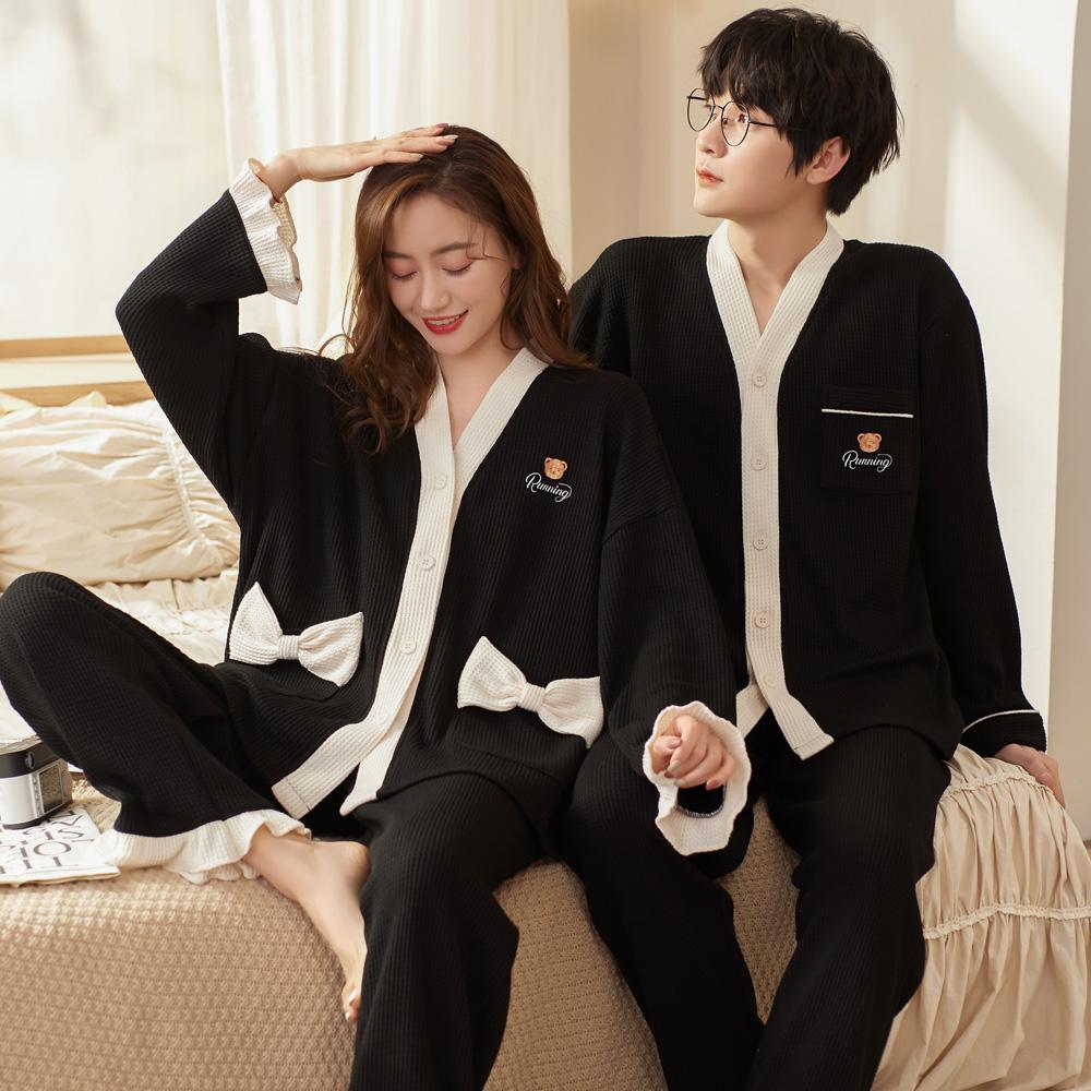 로리돌스 면 커플잠옷. 엠보싱 리본 베어 간절기 홈웨어 파자마세트 긴팔 빅사이즈 여성 남성 잠옷 QM6313 QM6314