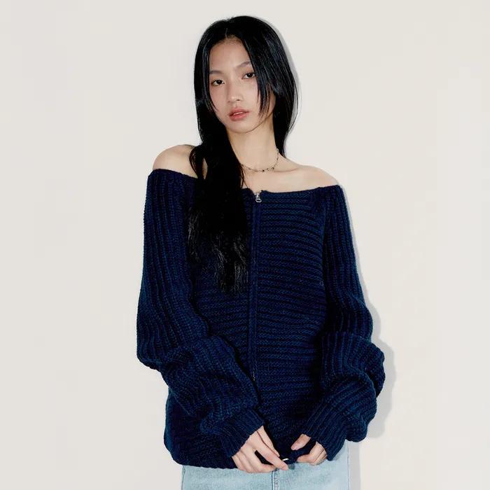 OFF SHOULDER KNIT ZIP UP, NAVY