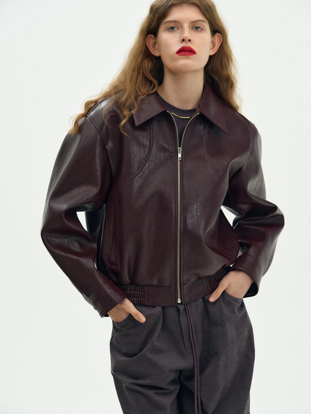 Faux-Leather Bomber Jacket, Mahogany - One Size / Mahogany