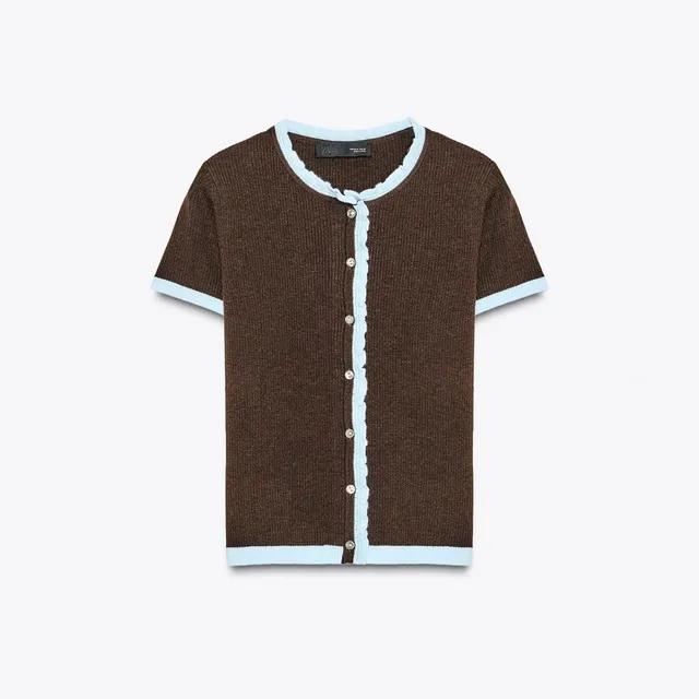 자라 배색 반팔 니트 가디건 0014/114 BROWN