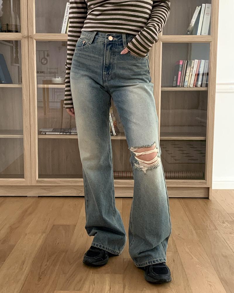 젠포 포인트 데미지 찢청 부츠컷 데님 팬츠