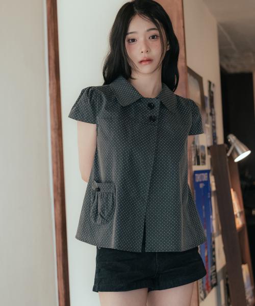 도트 버튼 퍼프소매 블라우스_차콜
