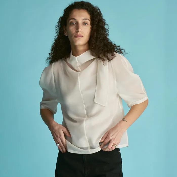 Sheer Scarf-Neck Blouse B305-90