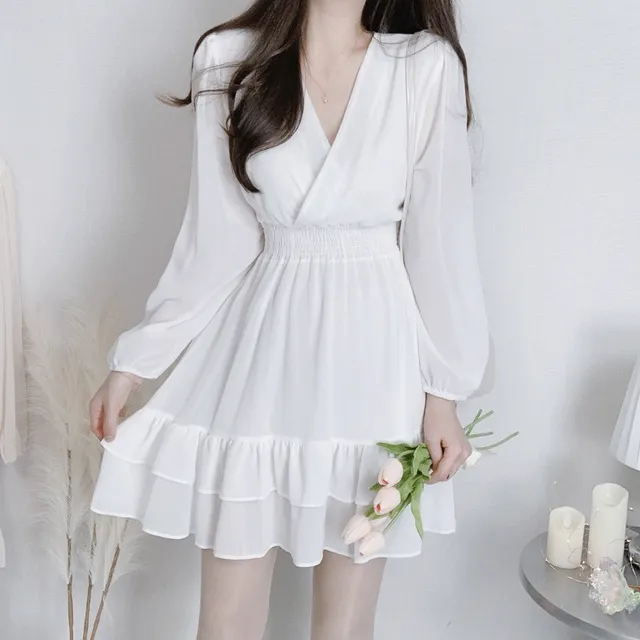 [청순무드/살랑쉬폰] 브이넥 랩 스모크 밴딩 캉캉 쉬폰 원피스