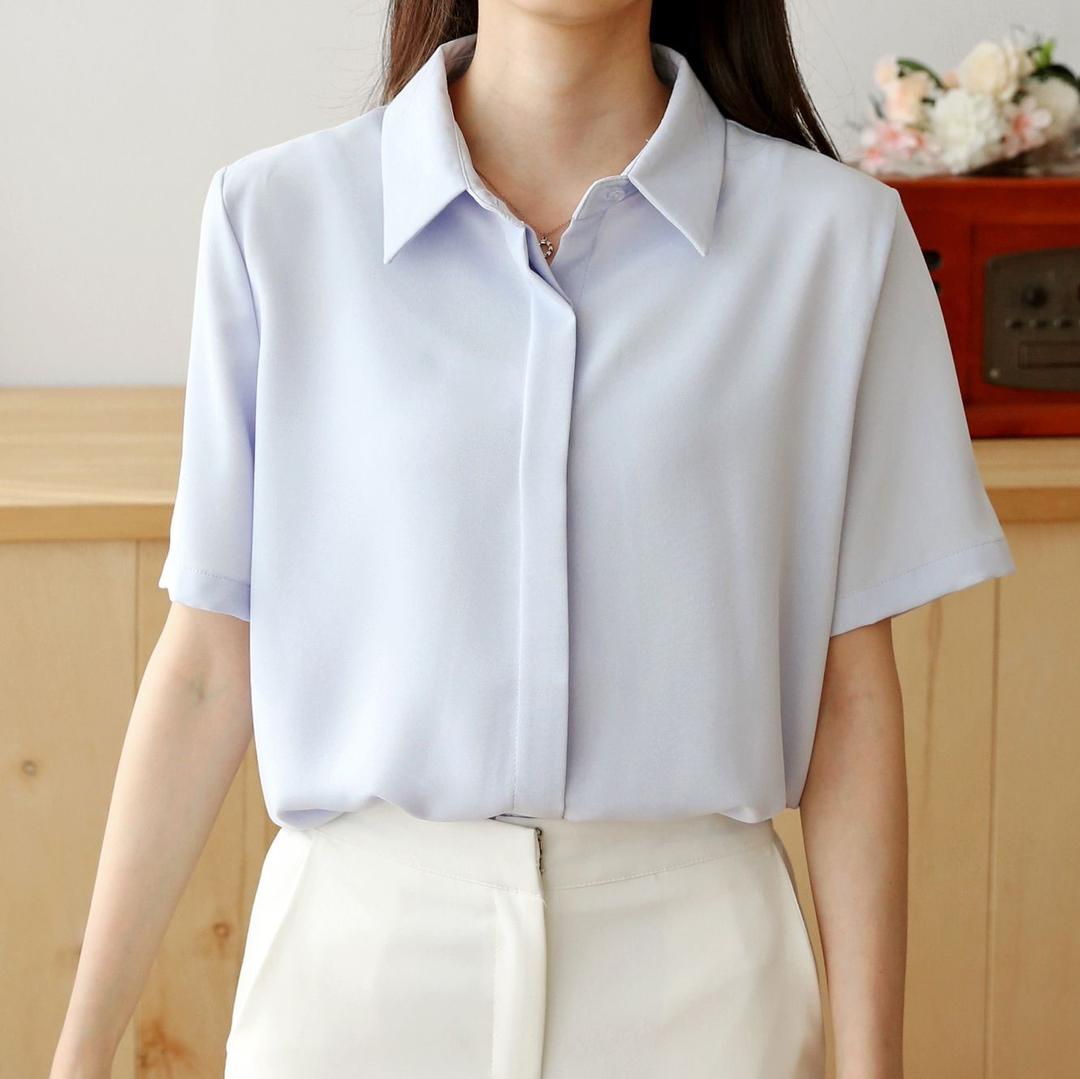 링클프리 히든버튼 반팔 셔츠 블라우스 쉬폰 화이트 블랙 면접