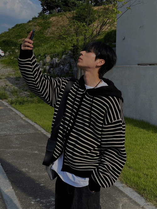 Stripe knit hooded zip up 3C