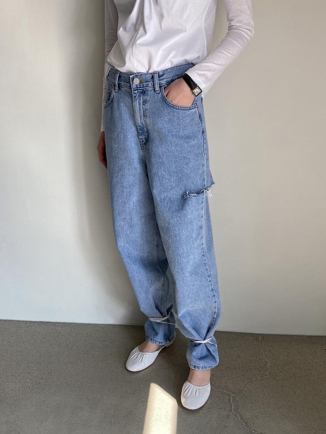 데미지 배기핏 진 - 라이트블루