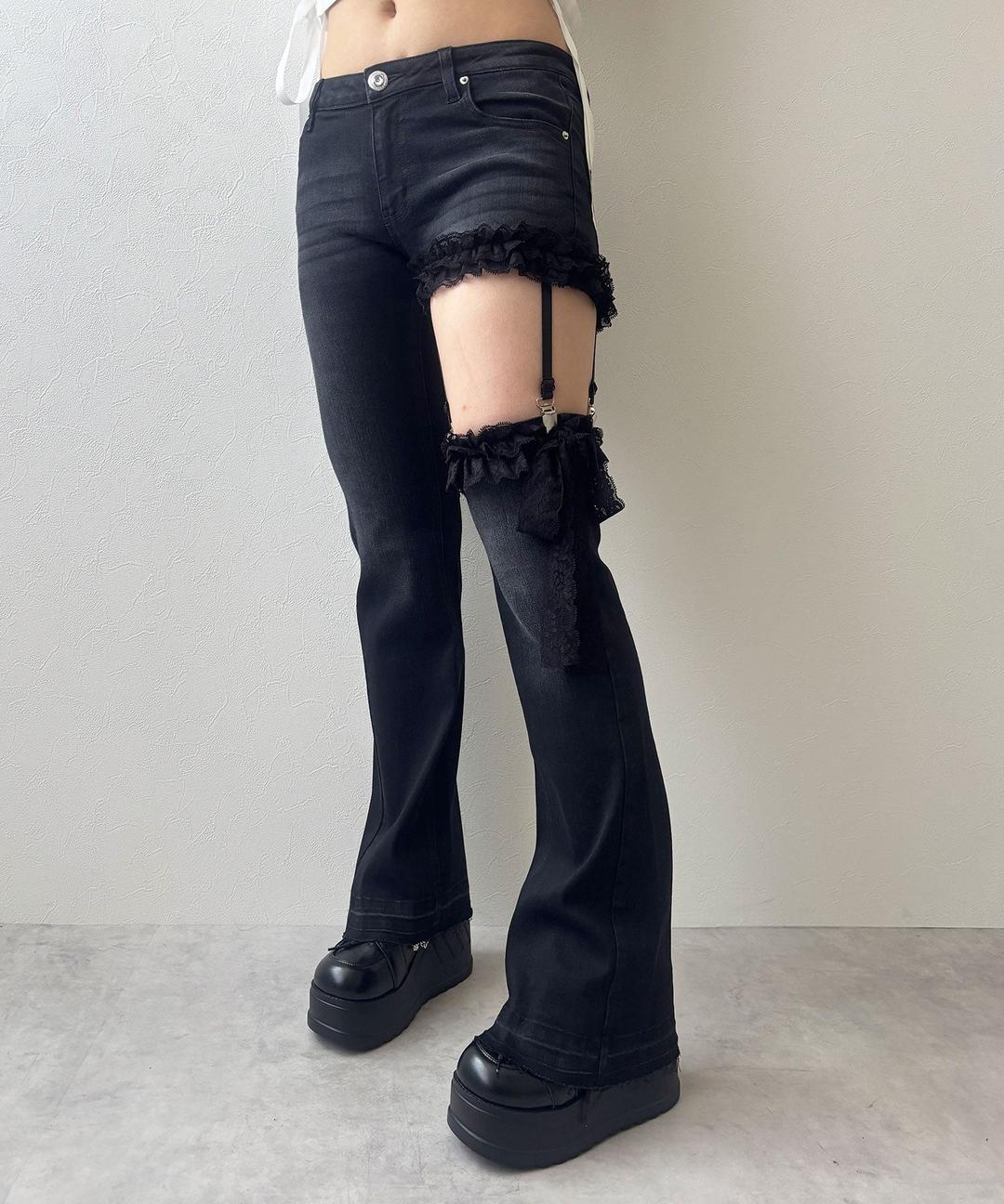 セクシーガーター風ギャルストレッチフレアデニムパンツ - ブラック / S