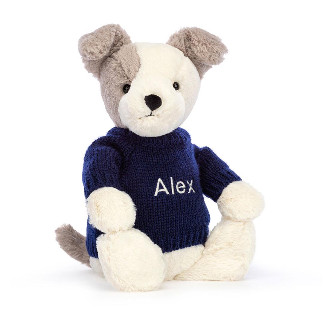 Bashful Terrier with Personalised Navy Jumper