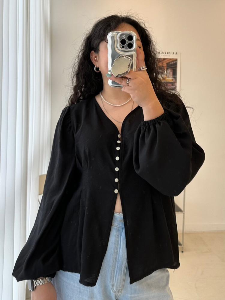 비커밍핏-FXL 브이넥 퍼프소매 긴팔 블라우스 66사이즈 77사이즈 빅사이즈 쇼핑몰