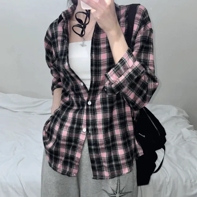모모 빈티지 블러쉬드 핑크 체크셔츠