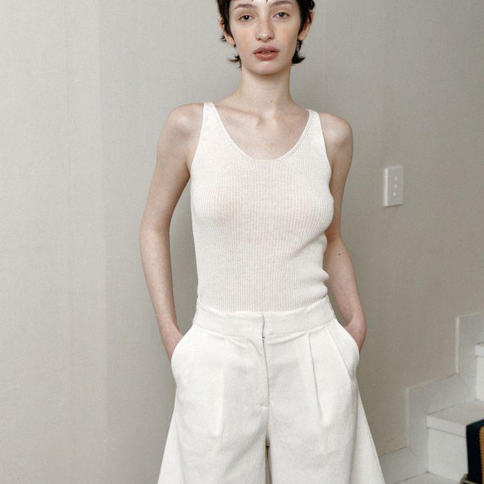 linen blend ribbed knit sleeveless top (ivory)