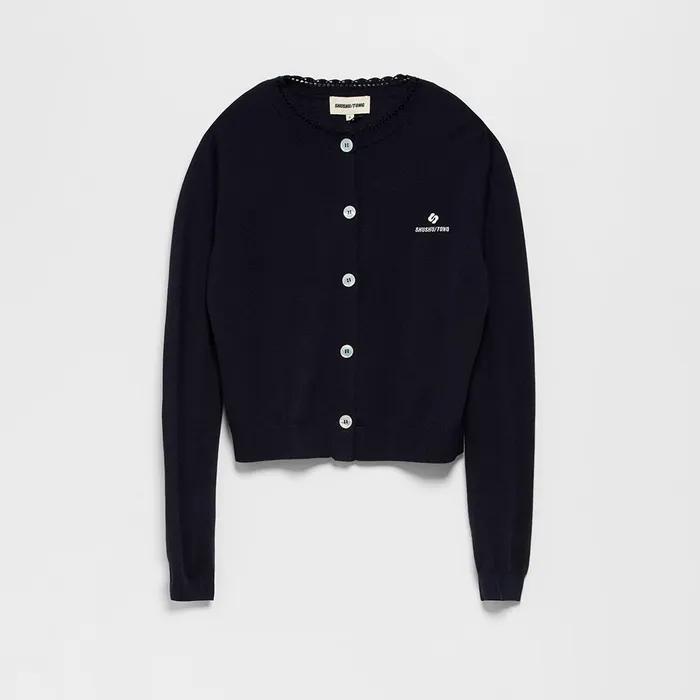 (W) Logo-stitch knit cardigan (navy blue)