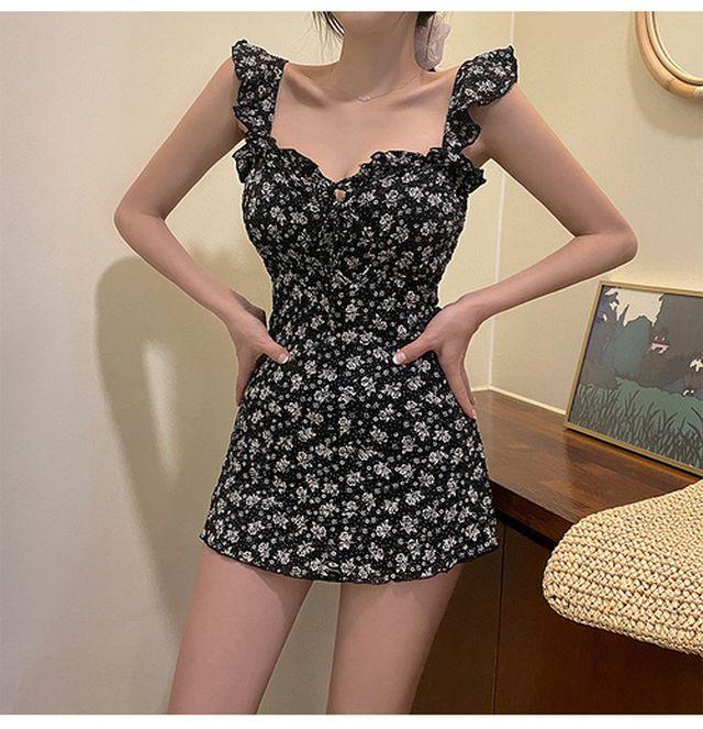 플라워 프릴 모노키니 원피스 수영복 실내 커플 우정 호텔 비키니 커버업