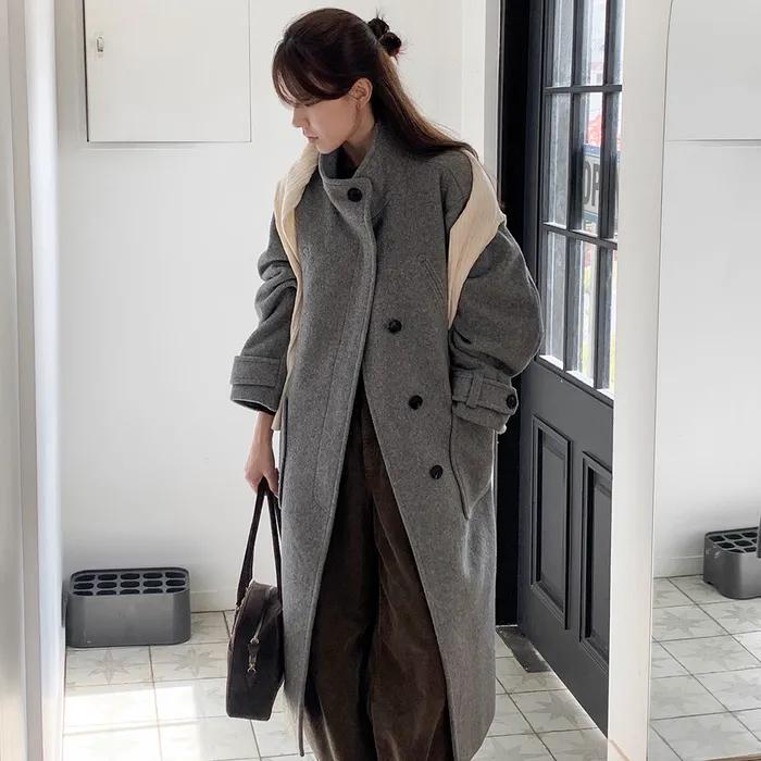 [알로하 pick] (우먼) 하이넥 울 롱코트_그레이