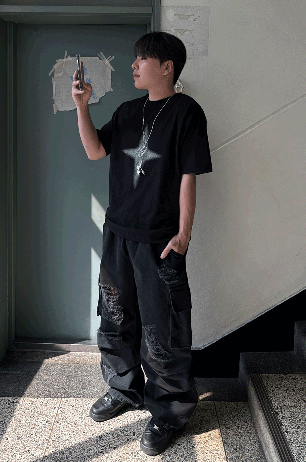 데미지 카고 밴딩 팬츠