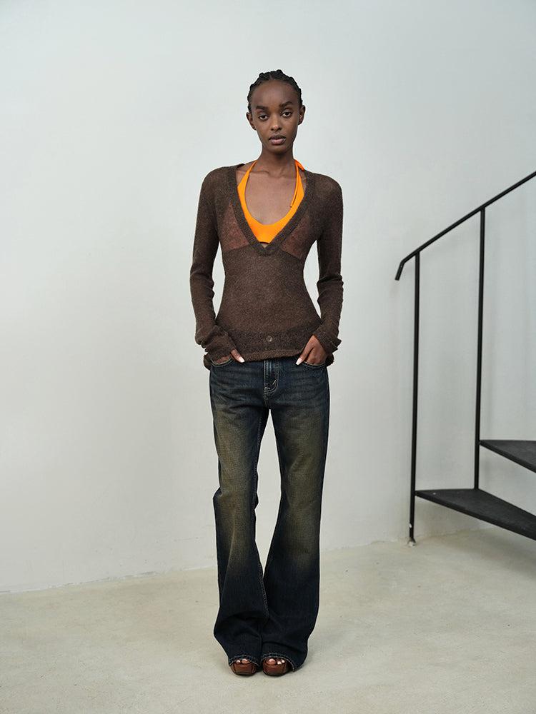 Mesh V-neck Knit Top - S / OLIVE GREEN